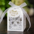 Eiffel Tower laser cut white candy gift box with silk ribbon and thank you tag - White