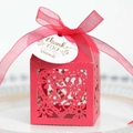 Red laser-cut heart favor box with thank you tag and ribbon for wedding treats - Pearlescent Red