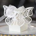 White laser cut butterfly candy box with silk ribbon and Thank You hang tag for wedding - Ivory