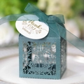 Elegant dark green laser-cut Eiffel Tower gift box with silk ribbon and thank you tag - Pearlescent Dark Green
