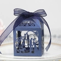 Boîte à dragées mariage bleu foncé découpée au laser avec carrosse et ruban organza - Bleu Fantôme