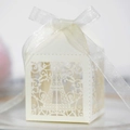 Cream white laser-cut Eiffel Tower candy box with elegant white ribbon bow decoration - Ivory