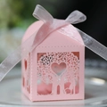 Pink heart tree laser cut wedding candy box with elegant white ribbon bow decoration - Pink