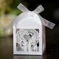 White laser cut heart tree wedding candy box with elegant silk ribbon and pearl finish - White