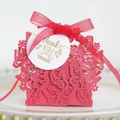 Red laser-cut butterfly wedding favor box with ribbon and Thank You hang tag - Reflective Gold