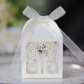 White laser-cut heart candy box with tree patterns and a satin ribbon bow - Ivory