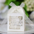Boîte à dragées mariage montgolfière découpée au laser en papier perlé blanc avec ruban - Ivoire