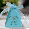 Blue pyramid butterfly hollow candy box with silk ribbon for wedding party decoration - Tiffany Blue