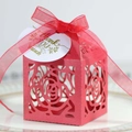 Elegant red laser cut rose flower gift box with silk ribbon and gold Thank You tag - Pearlescent Red
