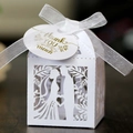 Elegant white laser-cut wedding favor box with heart patterns and Thank You tag - White