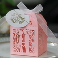 Pink laser-cut wedding favor box with bride silhouette, heart patterns and thank you tag - Pink