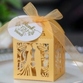 Golden laser-cut hollow wedding favor box with ribbon and Thank You heart tag - Gold
