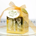 Golden laser-cut wedding favor box with romantic silhouette and ribbon tie - Reflective Gold