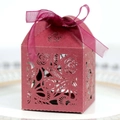 Deep red laser-cut wedding favor box with rose patterns and matching organza ribbon - Dark Red