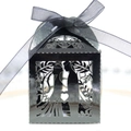 Elegant laser-cut black wedding favor box with bride and groom silhouette and ribbon - Reflective Black
