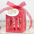 Red laser-cut wedding candy box with bride and groom silhouette and thank you tag - Pearlescent Red