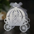 Elegant white laser-cut pumpkin carriage favor box with silver bow for wedding treats - White