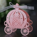 Elegant hollow pink pumpkin carriage wedding favor box with a delicate white organza ribbon - Pink