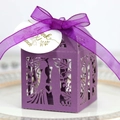 Purple laser-cut hollow wedding favor candy box with ribbon and gold foil thank you tag - Dark Purple