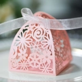 Pink laser-cut floral wedding candy gift box with elegant white organza ribbon bow - Pink