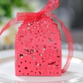 Elegant red laser-cut candy box with floral patterns and a matching organza ribbon - Pearlescent Red