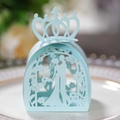 Light blue laser-cut wedding candy box with a crown top and romantic couple silhouette - Pearl Pale Blue