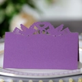 Elegant purple laser-cut place card with bird and heart motifs for wedding tables - Deep purple