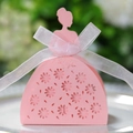 Pink laser-cut princess dress candy box with elegant floral hollows and white ribbon - Pink