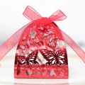 Red laser-cut butterfly wedding favor box with shiny finish and matching silk ribbon - Red