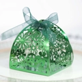 Laser-cut green metallic favor box with floral patterns and a matching organza ribbon bow - Reflective Green