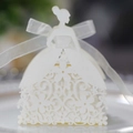 Elegant white laser-cut paper candy box featuring a bride silhouette with floral hollows - Ivory