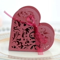 Deep red heart-shaped laser cut wedding favor box with glitter finish and silk ribbon - Dark Red