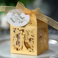 Laser cut ivory wedding candy box with bride and groom silhouette and gold ribbon - Gold