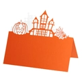 Marque-place Halloween orange découpé au laser avec citrouille, château et toile d'araignée - Rouge Orangé