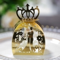 Golden laser-cut wedding candy box with crown top and bride and groom silhouette - Reflective Gold