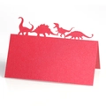Red laser-cut dinosaur place cards with 3D stand design for kids birthday party - Pearlescent Red