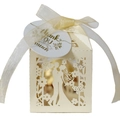 Ivory laser-cut wedding favor box featuring bride and groom silhouette with gold ribbon - Jewelry Cream Star