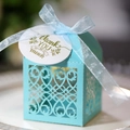 Light blue laser cut candy gift box with silk ribbon and Thank You tag for wedding party - Turquoise Blue