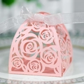 Pink laser-cut rose gift box with white chiffon ribbon for weddings and parties - Pink
