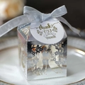 Silver laser-cut wedding favor box with groom bride motif and thank you tag - Reflective Silver