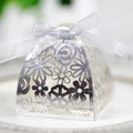 Elegant laser-cut silver wedding favor box with floral patterns and a satin ribbon bow - Reflective Silver