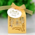 Golden Eiffel Tower laser cut candy box with elegant ribbon and thank you tag - Gold