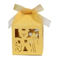 Golden laser-cut bear baby bottle candy box with a decorative satin ribbon bow - Gold