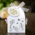 White butterfly laser cut candy box with organza ribbon and golden thank you tag - White (With Thank You Tag)