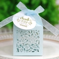 Light blue hollow laser cut candy gift box with silk ribbon and gold thank you tag - Pearl Pale Blue
