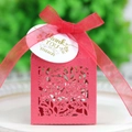 Laser cut red rose candy box with Thank You tag and organza ribbon for weddings - Pearlescent Red