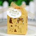 Golden laser-cut baby shower candy box with bear patterns, ribbon, and thank you tag - Gold