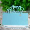 Light blue glitter Happy Birthday place card with laser-cut design on white plate - Tiffany Blue