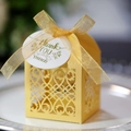 Laser-cut gold wedding favor box with thank you tag and golden organza ribbon bow - Gold