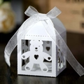 Elegant white laser-cut teddy bear paper candy box with silver ribbon for party favors - White